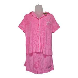 Juicy Couture Embroidered Button Up Shorts Pink Pajama Set Womens Size Med